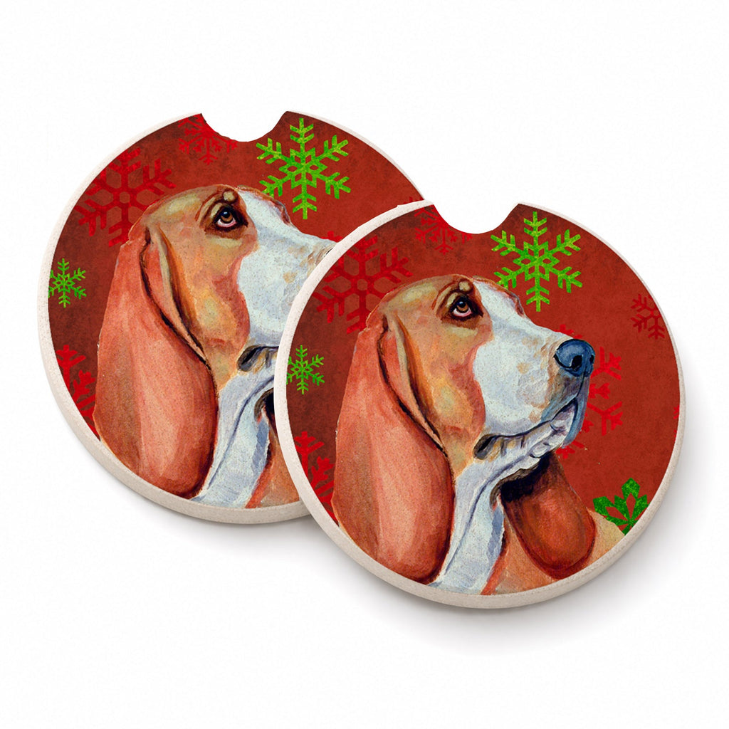 Basset Hound Red and Green Snowflakes Holiday Christmas Set of 2 Cup Holder Car Coasters Absorbent Round Sandstone Coasters Gifts for Men or Women, 2.5, Multicolor