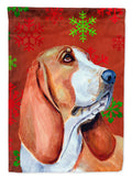 Basset Hound Red and Green Snowflakes Holiday Christmas House Flag 28x40 Porch Sleeve Pole Decorative Outside Yard Banner Artwork Wall Hanging, Polyester