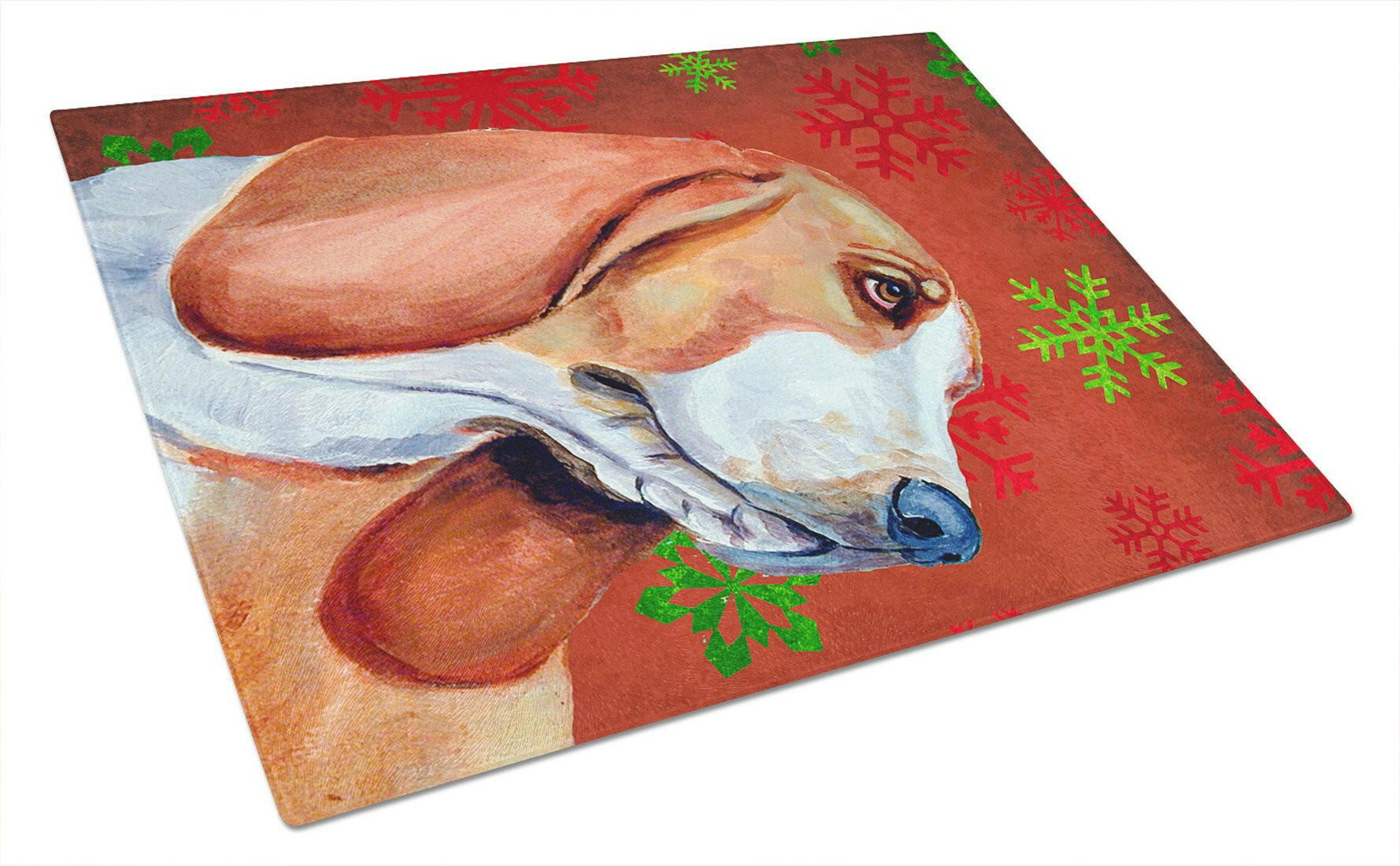 Basset Hound Red and Green Snowflakes Holiday Christmas Cutting Board Tempered Glass Kitchen Cutting Surface, Heat Resistant Chopping, Non-Slip Feet, Food Prep & Serving