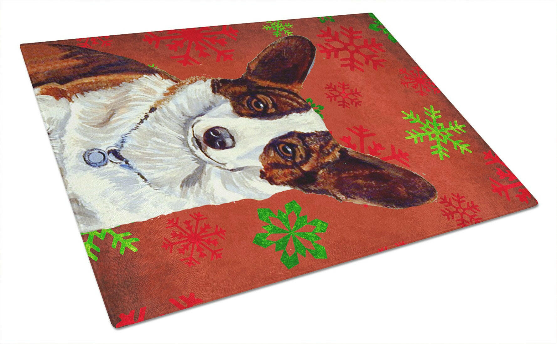 Corgi Red and Green Snowflakes Holiday Christmas Cutting Board Tempered Glass Kitchen Cutting Surface, Heat Resistant Chopping, Non-Slip Feet, Food Prep & Serving
