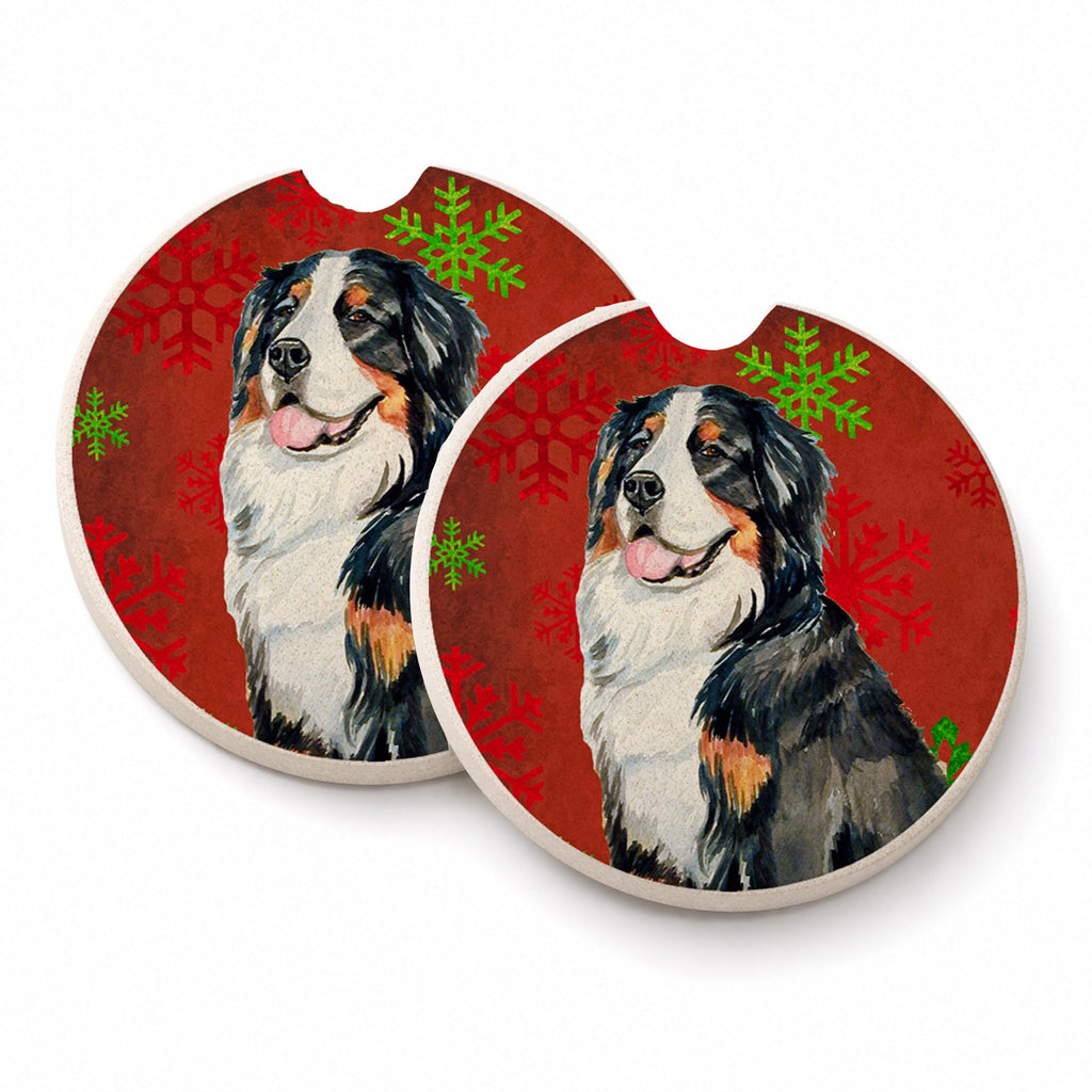 Bernese Mountain Dog Red  Green Snowflakes Holiday Christmas Set of 2 Cup Holder Car Coasters Absorbent Round Sandstone Coasters Gifts for Men or Women, 2.5, Multicolor