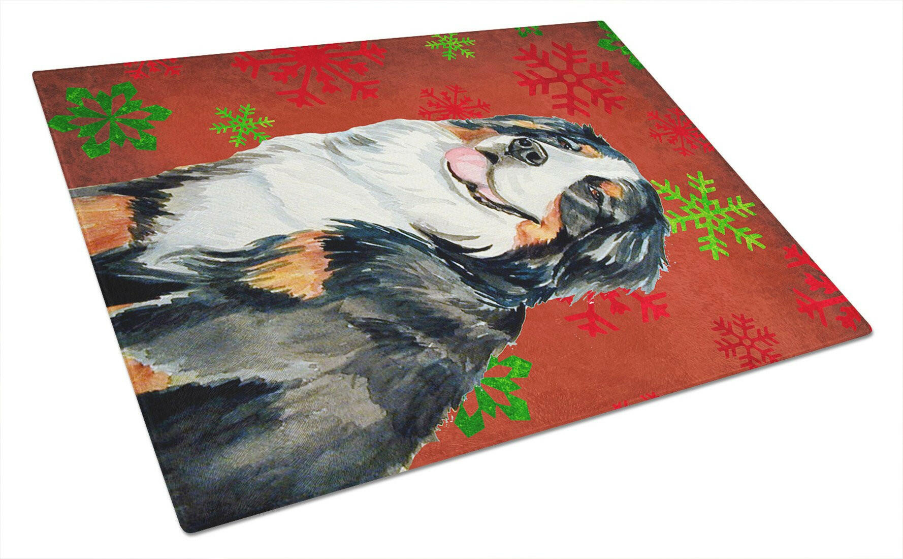 Bernese Mountain Dog Red  Green Snowflakes Holiday Christmas Cutting Board Tempered Glass Kitchen Cutting Surface, Heat Resistant Chopping, Non-Slip Feet, Food Prep & Serving