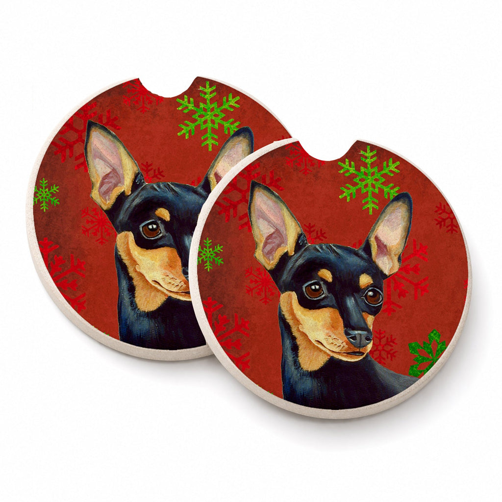 Min Pin Red and Green Snowflakes Holiday Christmas Set of 2 Cup Holder Car Coasters Absorbent Round Sandstone Coasters Gifts for Men or Women, 2.5, Multicolor