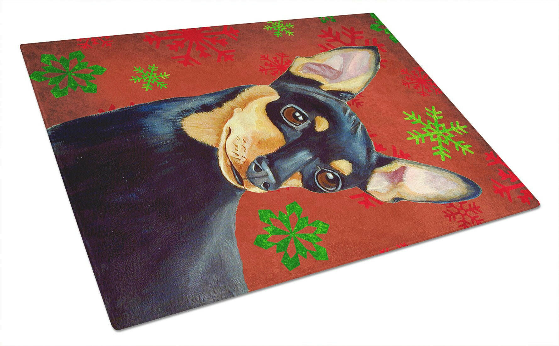 Min Pin Red and Green Snowflakes Holiday Christmas Cutting Board Tempered Glass Kitchen Cutting Surface, Heat Resistant Chopping, Non-Slip Feet, Food Prep & Serving