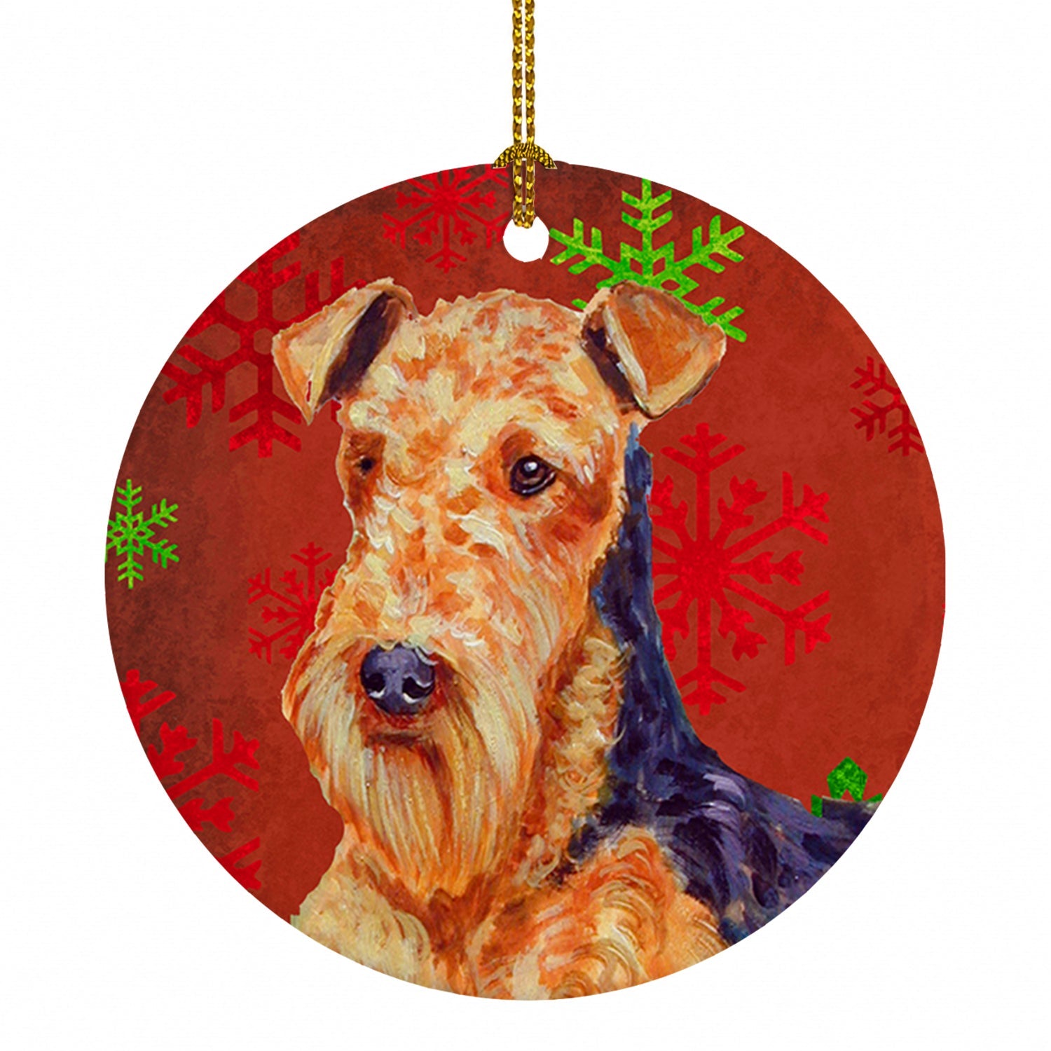 Airedale Red and Green Snowflakes Holiday Christmas Ceramic Ornament Christmas Tree Hanging Decorations for Home Christmas Holiday, Party, Gift, 3 in, Multicolor