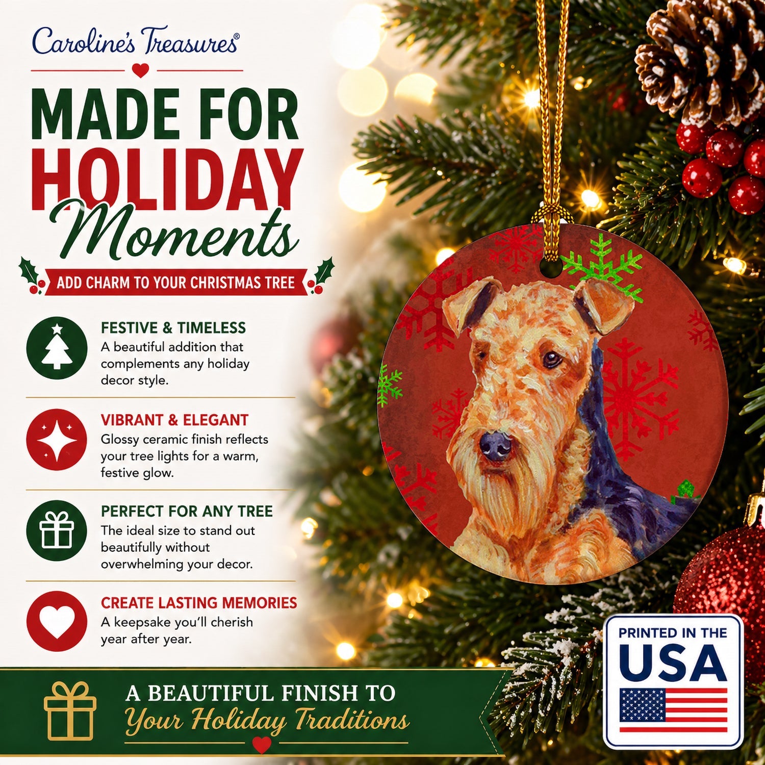 Airedale Red and Green Snowflakes Holiday Christmas Ceramic Ornament Christmas Tree Hanging Decorations for Home Christmas Holiday, Party, Gift, 3 in, Multicolor