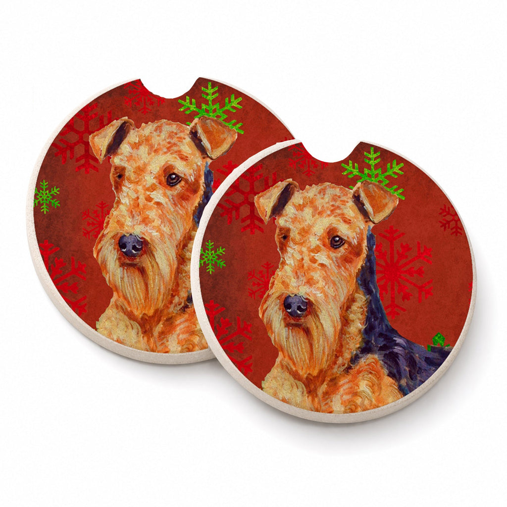 Airedale Red and Green Snowflakes Holiday Christmas Set of 2 Cup Holder Car Coasters Absorbent Round Sandstone Coasters Gifts for Men or Women, 2.5, Multicolor