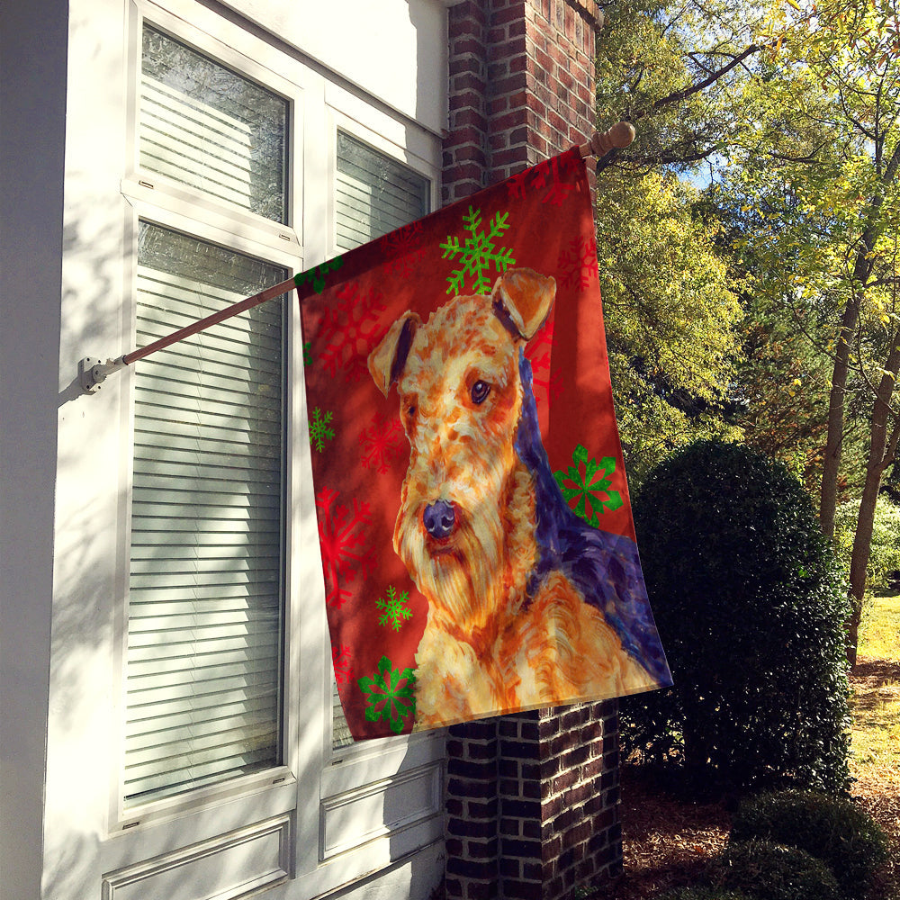 Airedale Red and Green Snowflakes Holiday Christmas House Flag 28x40 Porch Sleeve Pole Decorative Outside Yard Banner Artwork Wall Hanging, Polyester