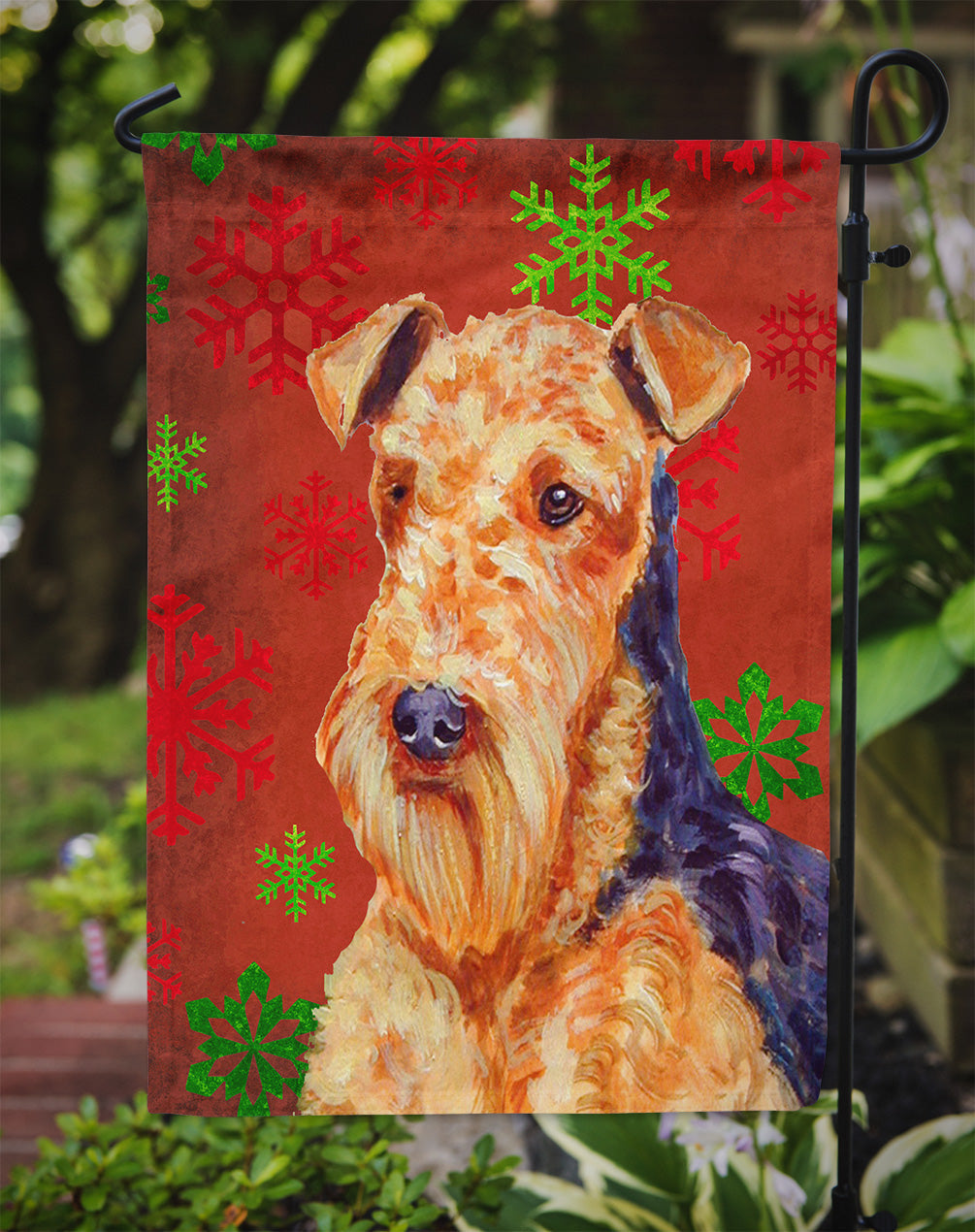 Airedale Red and Green Snowflakes Holiday Christmas Garden Flag Mailbox Decorative Yard Banner Outside Patio Artwork for Flower Beds, Garden Size, Multicolor