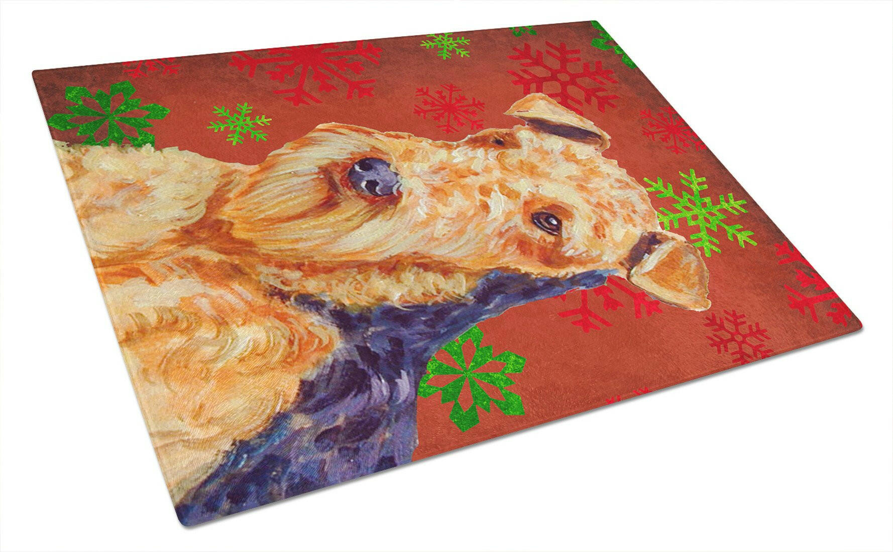 Airedale Red and Green Snowflakes Holiday Christmas Cutting Board Tempered Glass Kitchen Cutting Surface, Heat Resistant Chopping, Non-Slip Feet, Food Prep & Serving