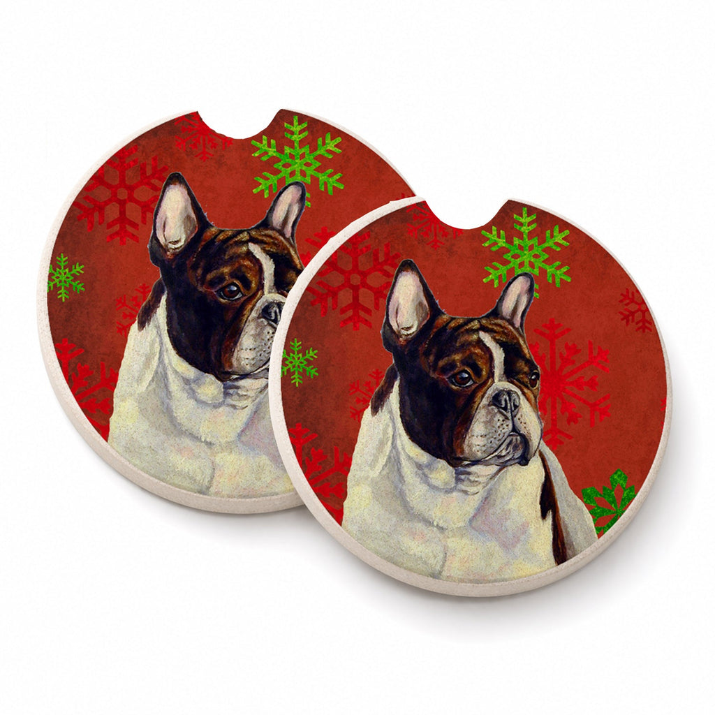 French Bulldog Red and Green Snowflakes Holiday Christmas Set of 2 Cup Holder Car Coasters Absorbent Round Sandstone Coasters Gifts for Men or Women, 2.5, Multicolor