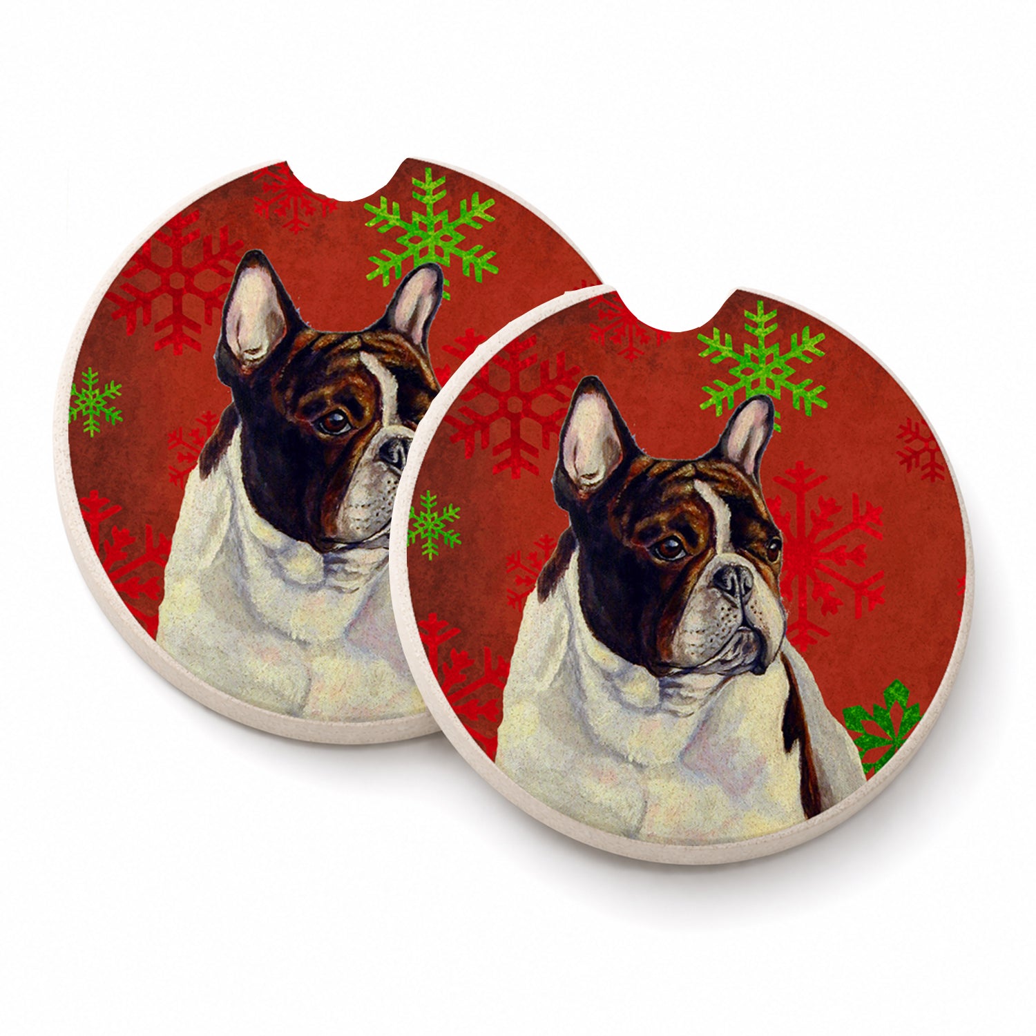 French Bulldog Red and Green Snowflakes Holiday Christmas Set of 2 Cup Holder Car Coasters Absorbent Round Sandstone Coasters Gifts for Men or Women, 2.5, Multicolor
