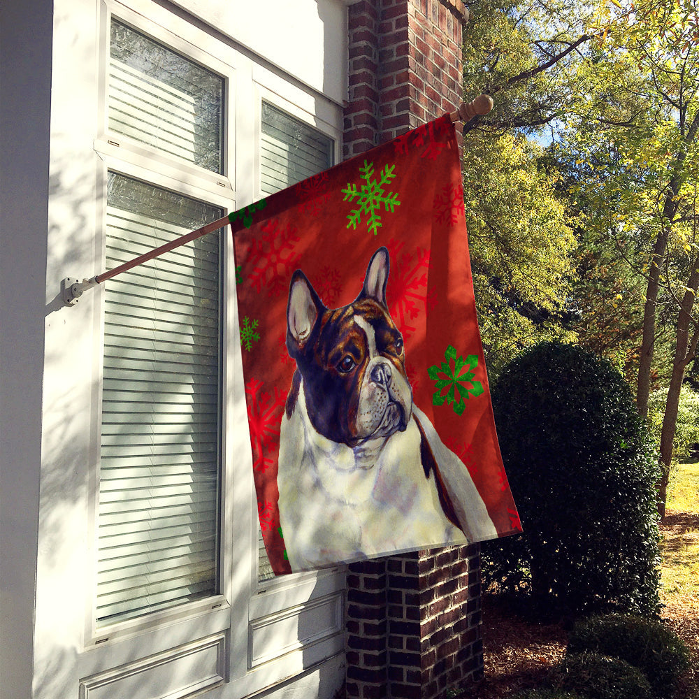 French Bulldog Red and Green Snowflakes Holiday Christmas House Flag 28x40 Porch Sleeve Pole Decorative Outside Yard Banner Artwork Wall Hanging, Polyester