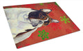 French Bulldog Red and Green Snowflakes Holiday Christmas Cutting Board Tempered Glass Kitchen Cutting Surface, Heat Resistant Chopping, Non-Slip Feet, Food Prep & Serving