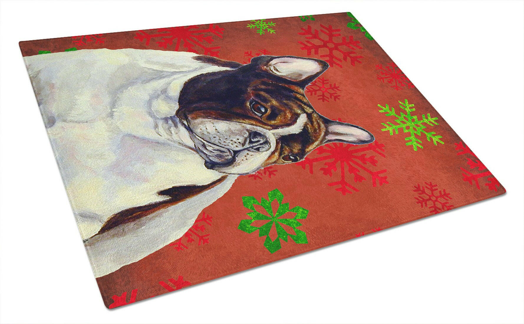 French Bulldog Red and Green Snowflakes Holiday Christmas Cutting Board Tempered Glass Kitchen Cutting Surface, Heat Resistant Chopping, Non-Slip Feet, Food Prep & Serving