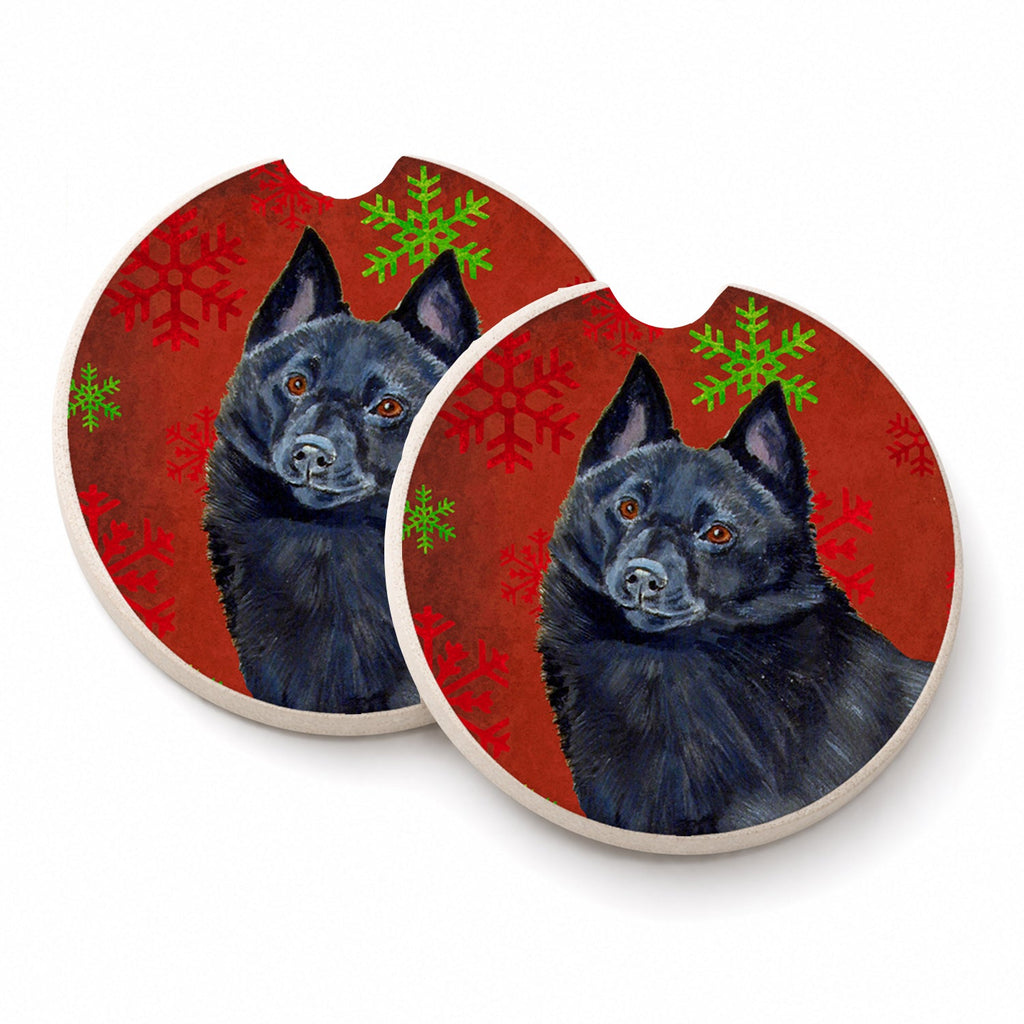 Schipperke Red and Green Snowflakes Holiday Christmas Set of 2 Cup Holder Car Coasters Absorbent Round Sandstone Coasters Gifts for Men or Women, 2.5, Multicolor