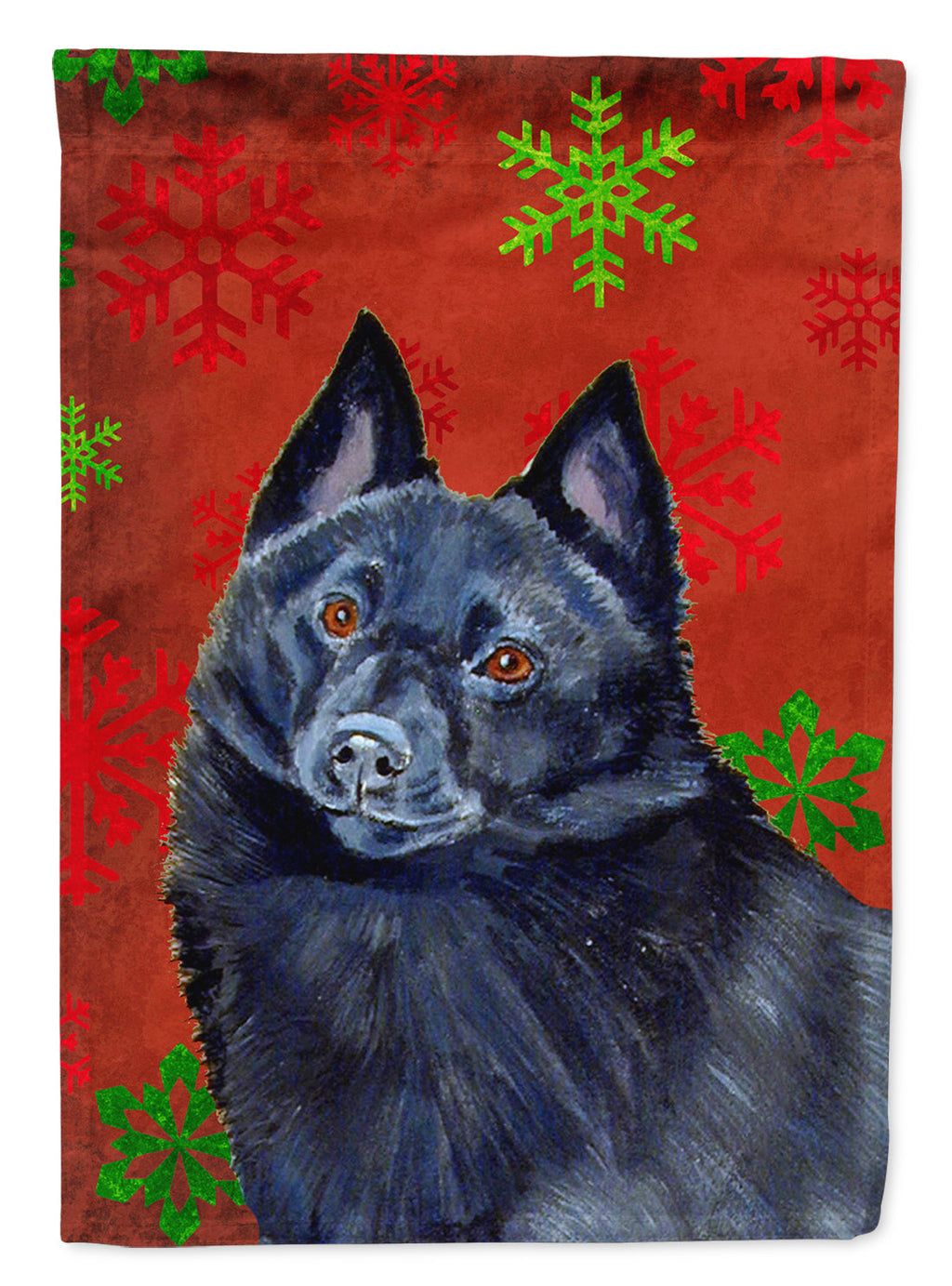 Schipperke Red and Green Snowflakes Holiday Christmas House Flag 28x40 Porch Sleeve Pole Decorative Outside Yard Banner Artwork Wall Hanging, Polyester