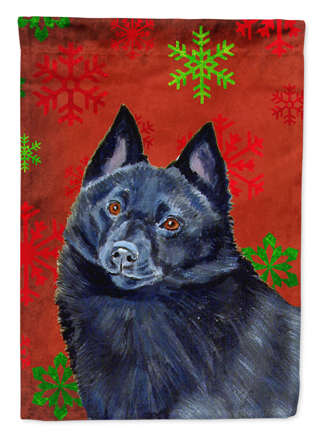 Schipperke Red and Green Snowflakes Holiday Christmas House Flag 28x40 Porch Sleeve Pole Decorative Outside Yard Banner Artwork Wall Hanging, Polyester