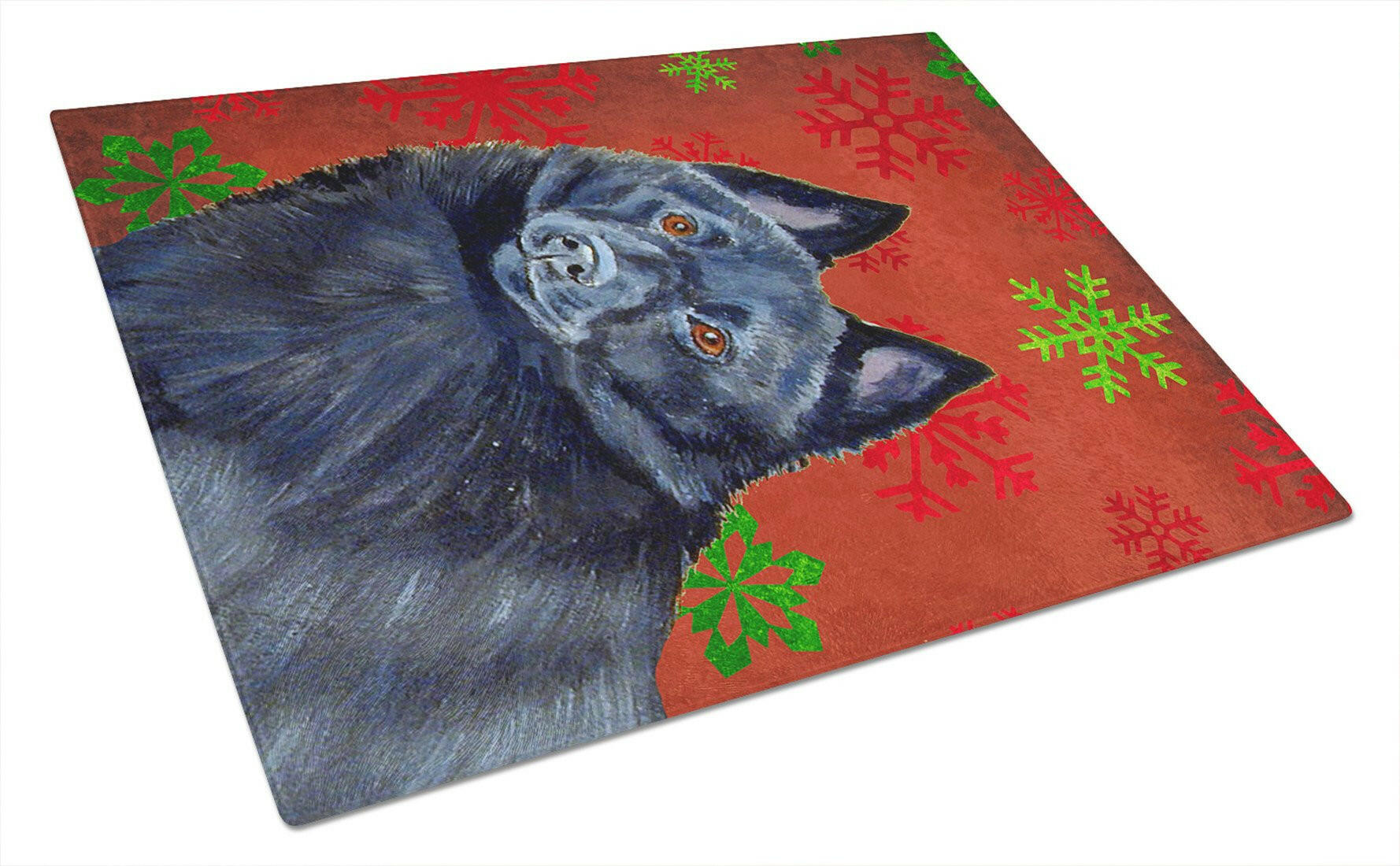Schipperke Red and Green Snowflakes Holiday Christmas Cutting Board Tempered Glass Kitchen Cutting Surface, Heat Resistant Chopping, Non-Slip Feet, Food Prep & Serving