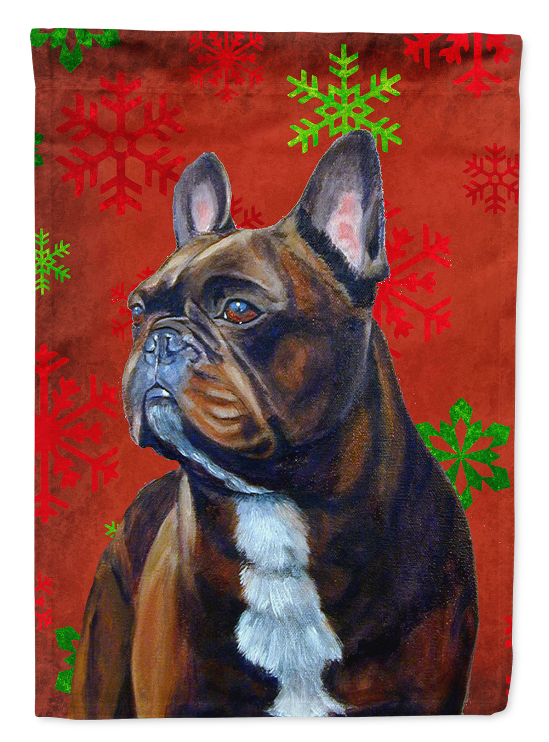 French Bulldog Red and Green Snowflakes Holiday Christmas House Flag 28x40 Porch Sleeve Pole Decorative Outside Yard Banner Artwork Wall Hanging, Polyester