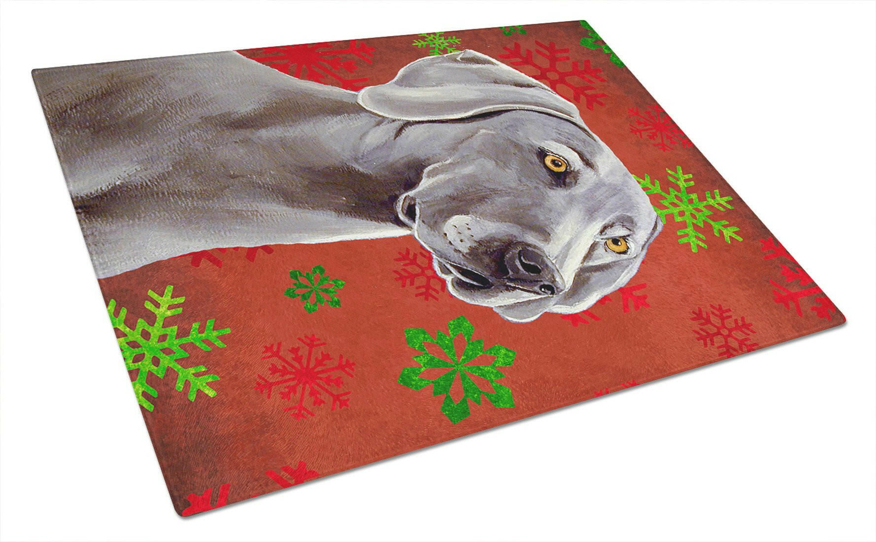 Weimaraner Red and Green Snowflakes Holiday Christmas Cutting Board Tempered Glass Kitchen Cutting Surface, Heat Resistant Chopping, Non-Slip Feet, Food Prep & Serving