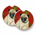 Pug Red and Green Snowflakes Holiday Christmas Set of 2 Cup Holder Car Coasters Absorbent Round Sandstone Coasters Gifts for Men or Women, 2.5, Multicolor