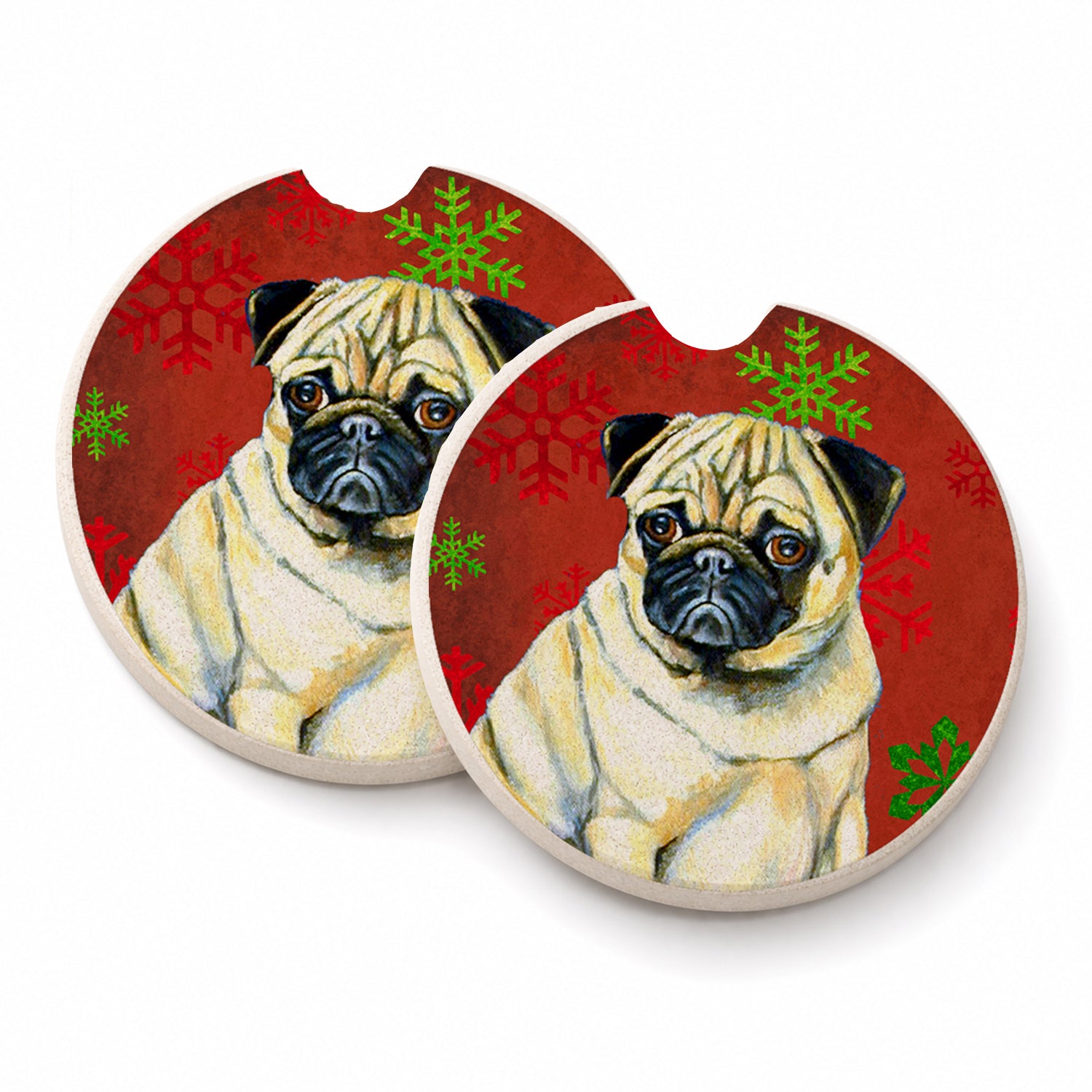 Pug Red and Green Snowflakes Holiday Christmas Set of 2 Cup Holder Car Coasters Absorbent Round Sandstone Coasters Gifts for Men or Women, 2.5, Multicolor