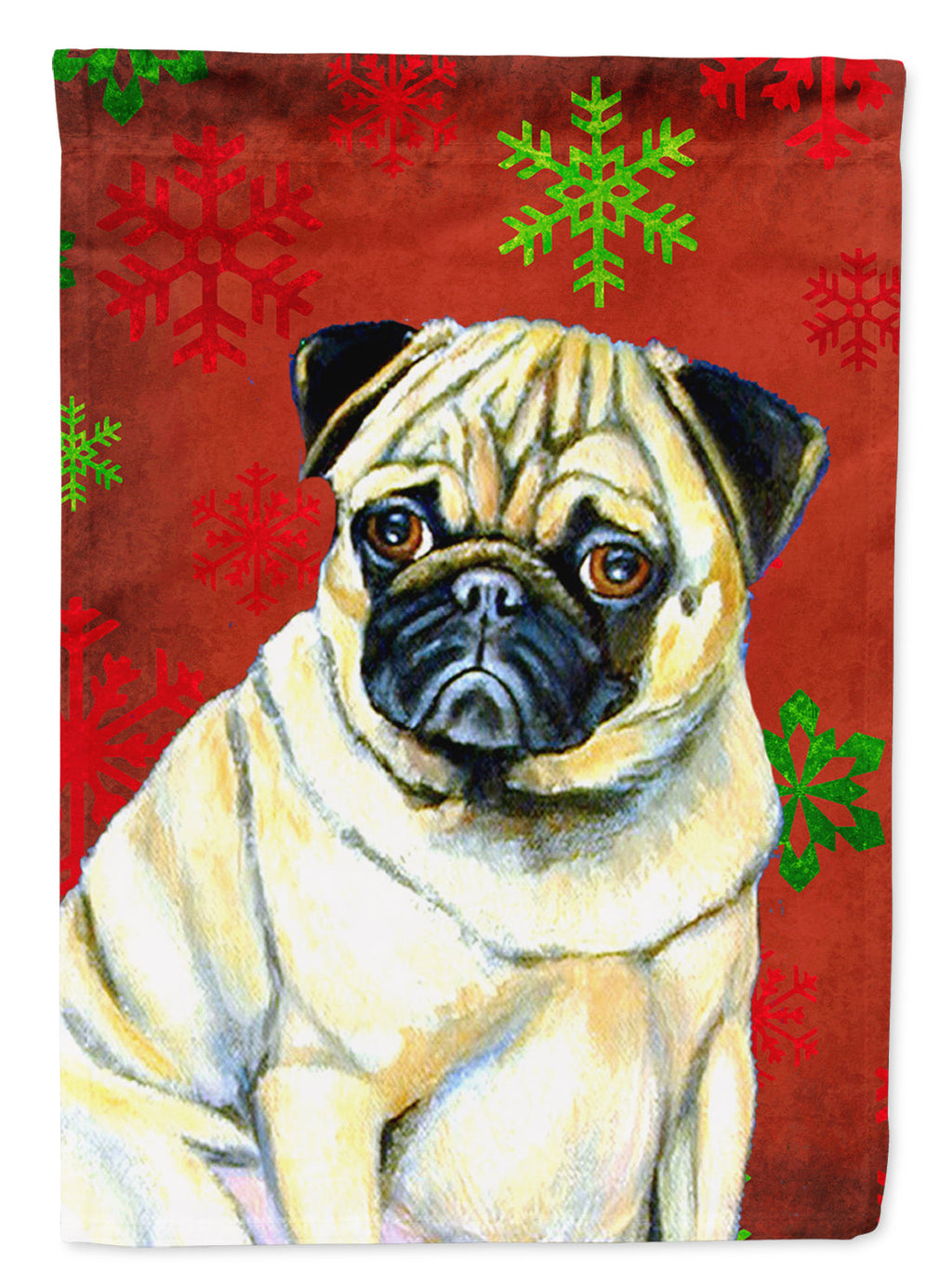 Pug Red and Green Snowflakes Holiday Christmas House Flag 28x40 Porch Sleeve Pole Decorative Outside Yard Banner Artwork Wall Hanging, Polyester
