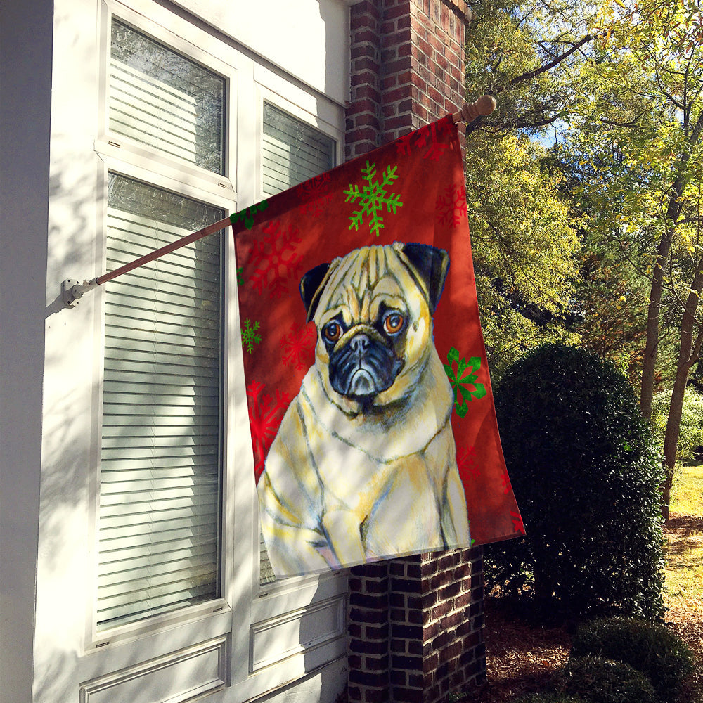 Pug Red and Green Snowflakes Holiday Christmas House Flag 28x40 Porch Sleeve Pole Decorative Outside Yard Banner Artwork Wall Hanging, Polyester