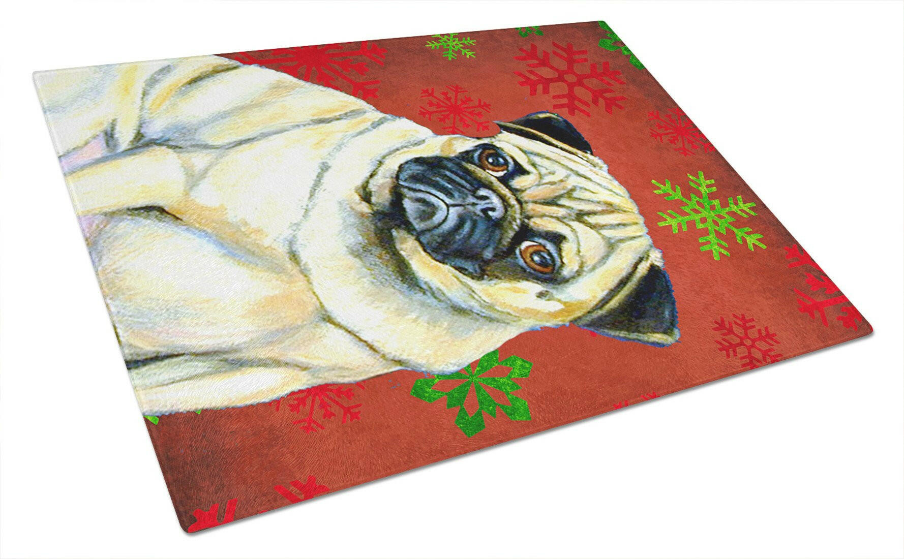Pug Red and Green Snowflakes Holiday Christmas Cutting Board Tempered Glass Kitchen Cutting Surface, Heat Resistant Chopping, Non-Slip Feet, Food Prep & Serving