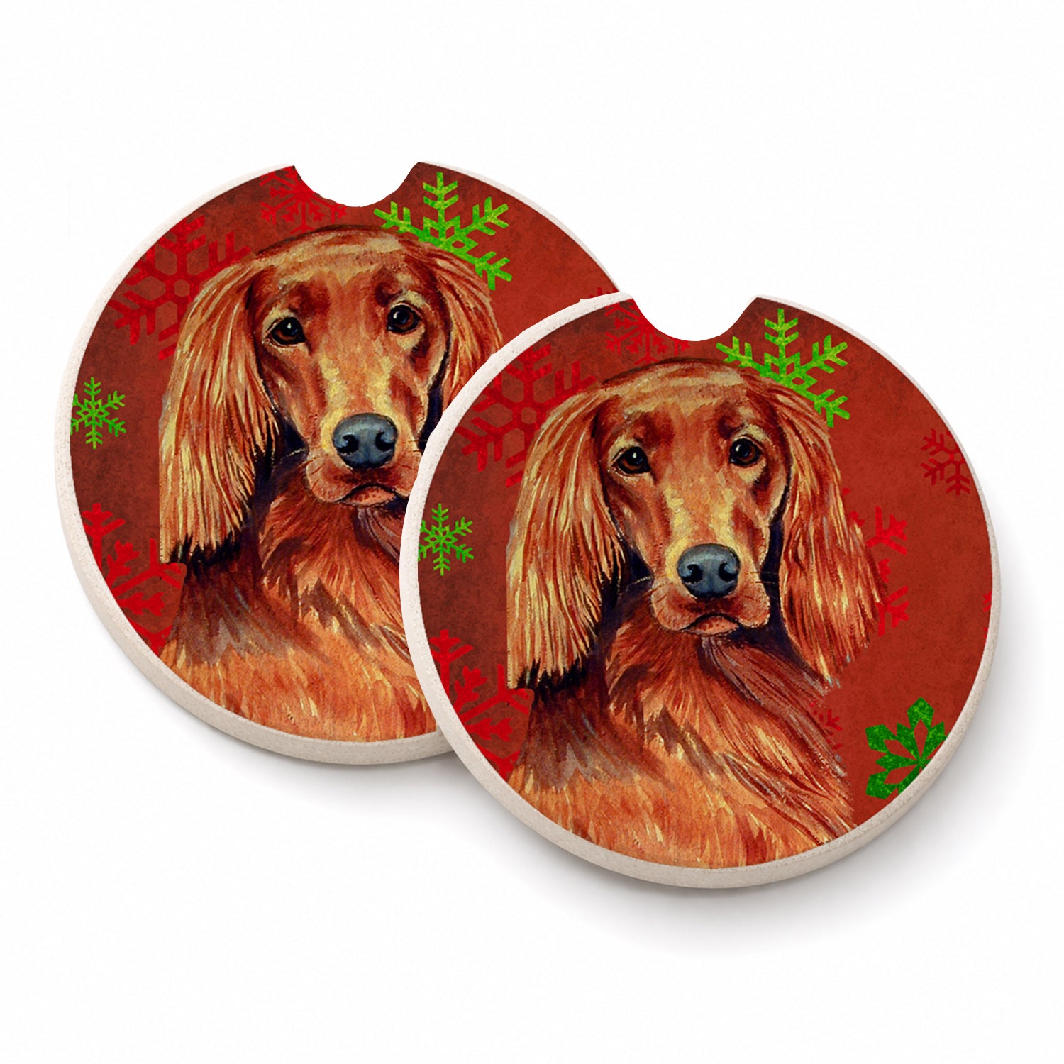 Irish Setter Red and Green Snowflakes Holiday Christmas Set of 2 Cup Holder Car Coasters Absorbent Round Sandstone Coasters Gifts for Men or Women, 2.5, Multicolor
