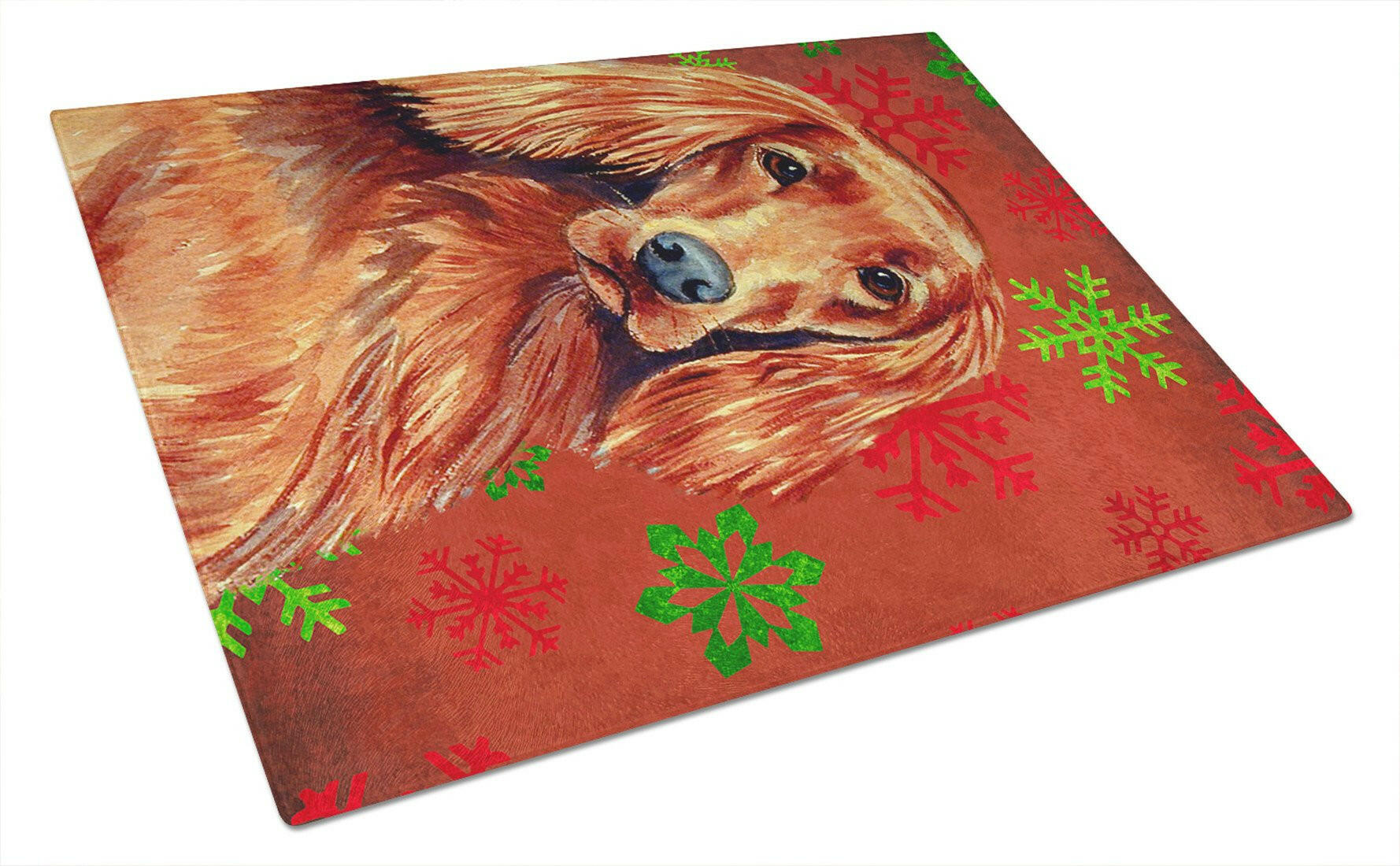 Irish Setter Red and Green Snowflakes Holiday Christmas Cutting Board Tempered Glass Kitchen Cutting Surface, Heat Resistant Chopping, Non-Slip Feet, Food Prep & Serving