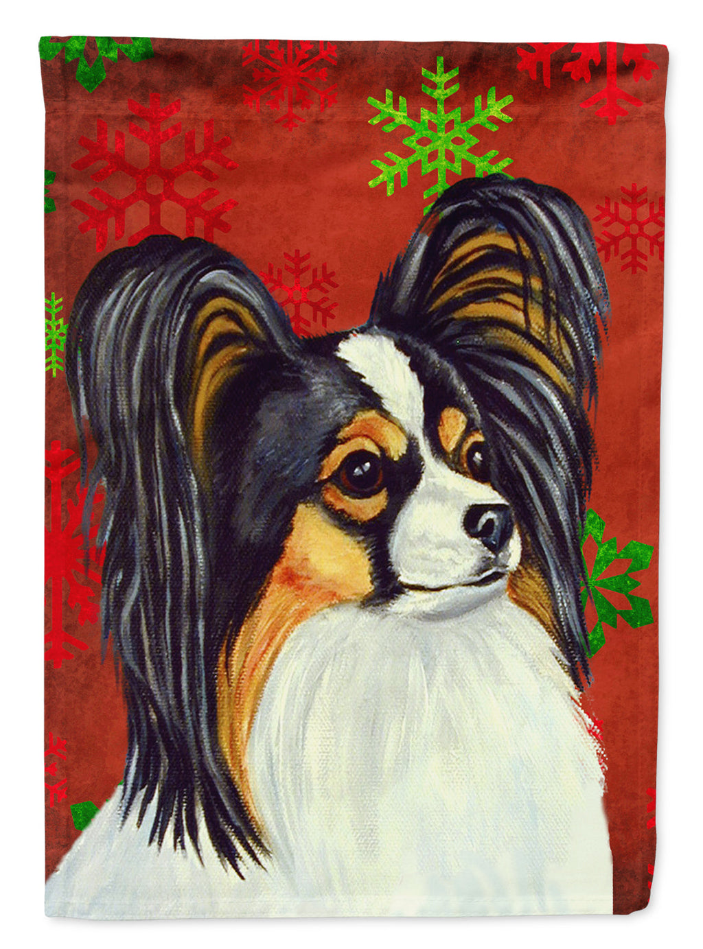 Papillon Red and Green Snowflakes Holiday Christmas House Flag 28x40 Porch Sleeve Pole Decorative Outside Yard Banner Artwork Wall Hanging, Polyester