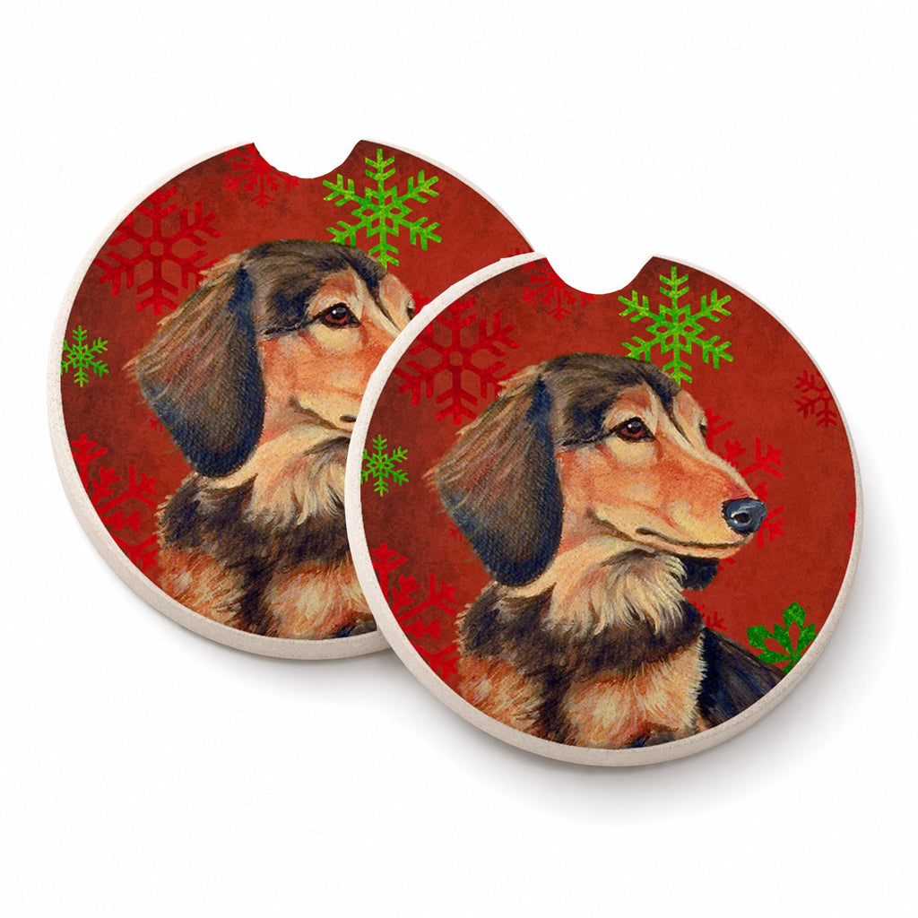 Dachshund Red and Green Snowflakes Holiday Christmas Set of 2 Cup Holder Car Coasters Absorbent Round Sandstone Coasters Gifts for Men or Women, 2.5, Multicolor