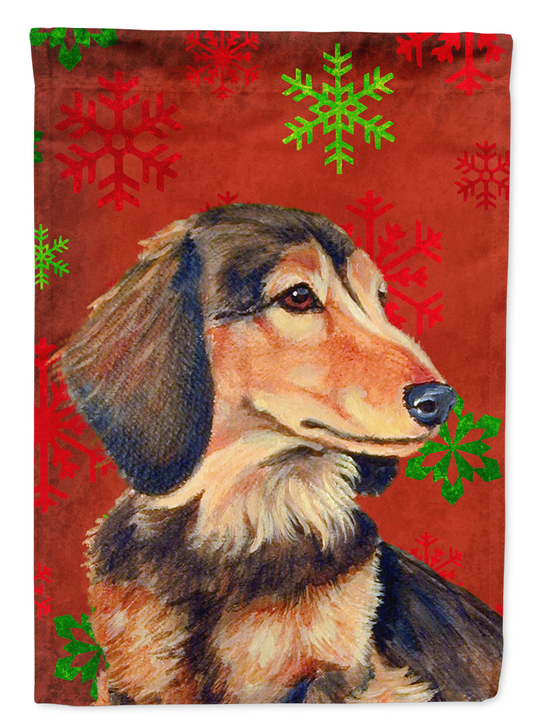 Dachshund Red and Green Snowflakes Holiday Christmas House Flag 28x40 Porch Sleeve Pole Decorative Outside Yard Banner Artwork Wall Hanging, Polyester