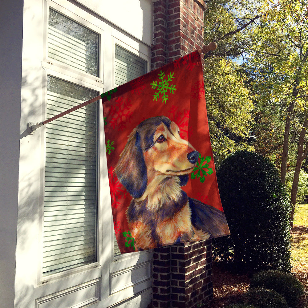 Dachshund Red and Green Snowflakes Holiday Christmas House Flag 28x40 Porch Sleeve Pole Decorative Outside Yard Banner Artwork Wall Hanging, Polyester