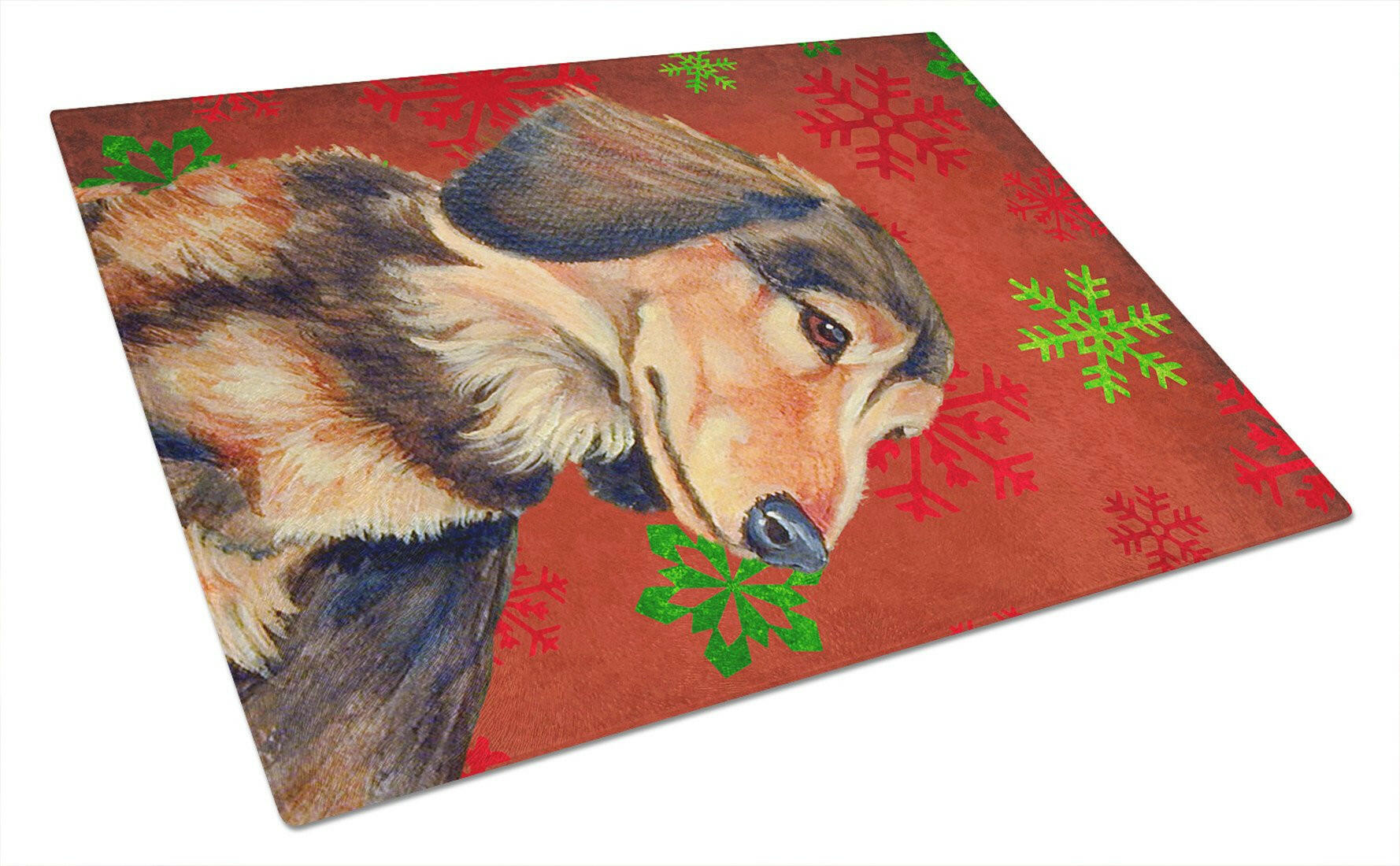 Dachshund Red and Green Snowflakes Holiday Christmas Cutting Board Tempered Glass Kitchen Cutting Surface, Heat Resistant Chopping, Non-Slip Feet, Food Prep & Serving