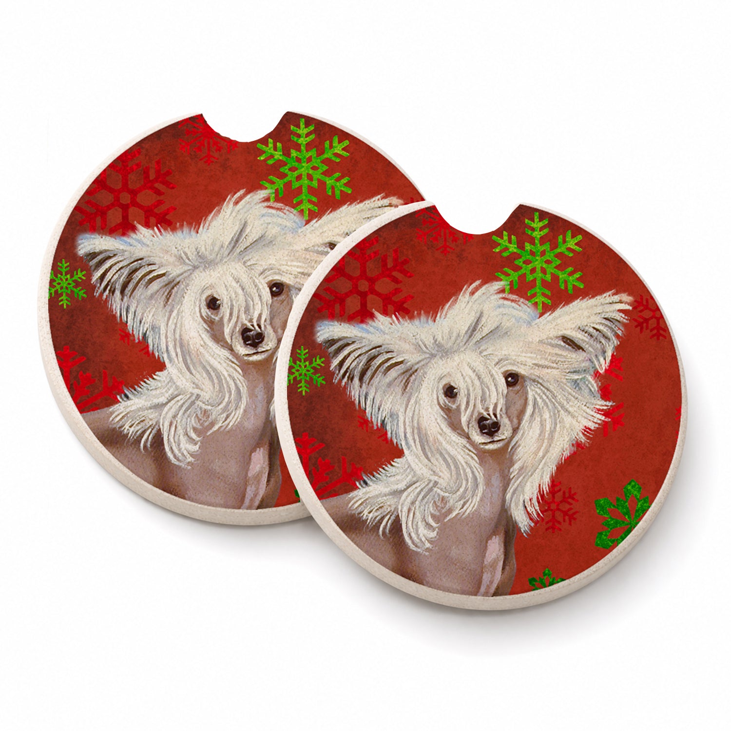Chinese Crested Red and Green Snowflakes Holiday Christmas Set of 2 Cup Holder Car Coasters Absorbent Round Sandstone Coasters Gifts for Men or Women, 2.5, Multicolor