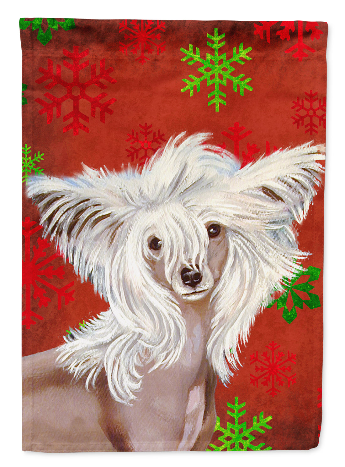 Chinese Crested Red and Green Snowflakes Holiday Christmas House Flag 28x40 Porch Sleeve Pole Decorative Outside Yard Banner Artwork Wall Hanging, Polyester