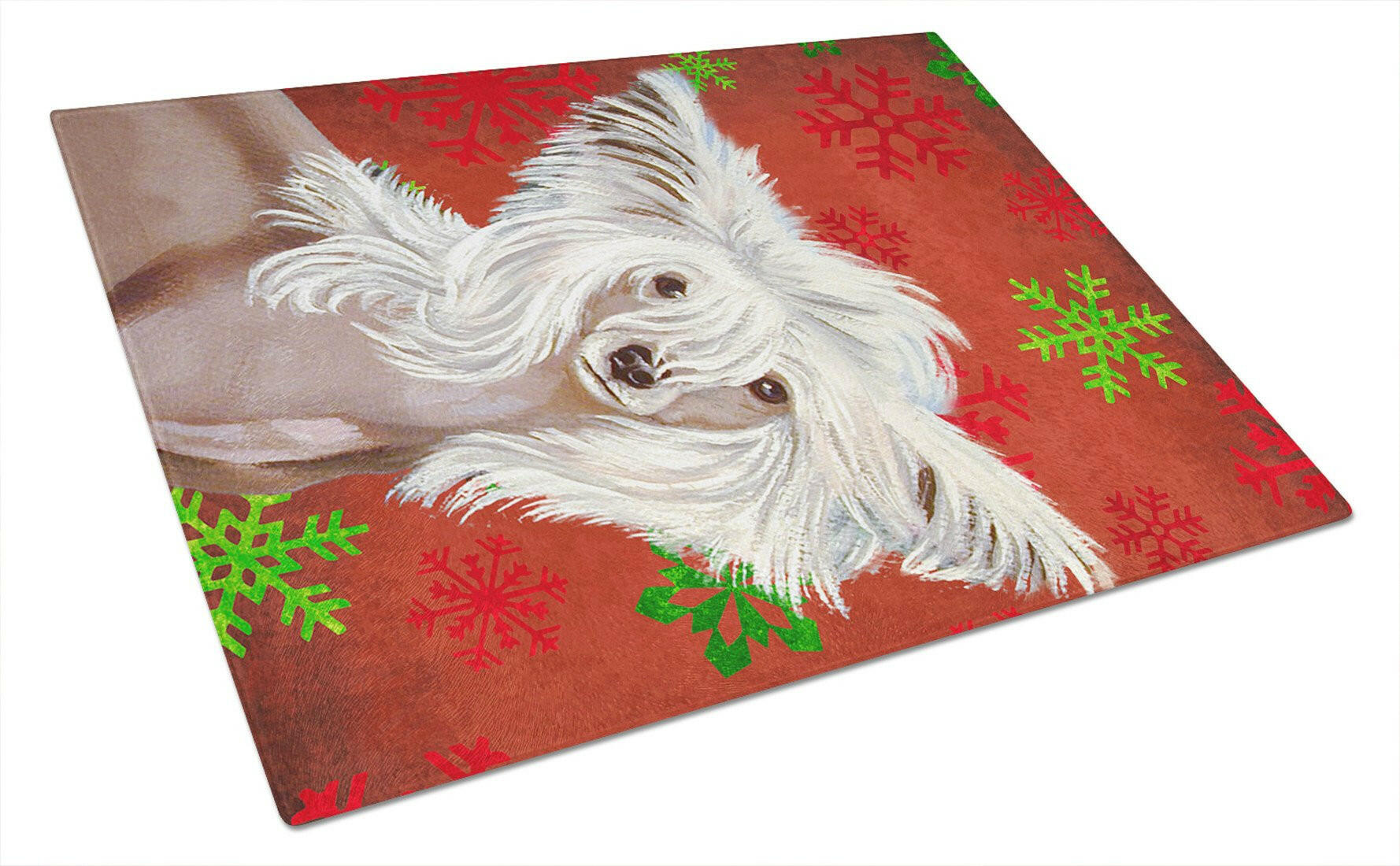 Chinese Crested Red and Green Snowflakes Holiday Christmas Cutting Board Tempered Glass Kitchen Cutting Surface, Heat Resistant Chopping, Non-Slip Feet, Food Prep & Serving