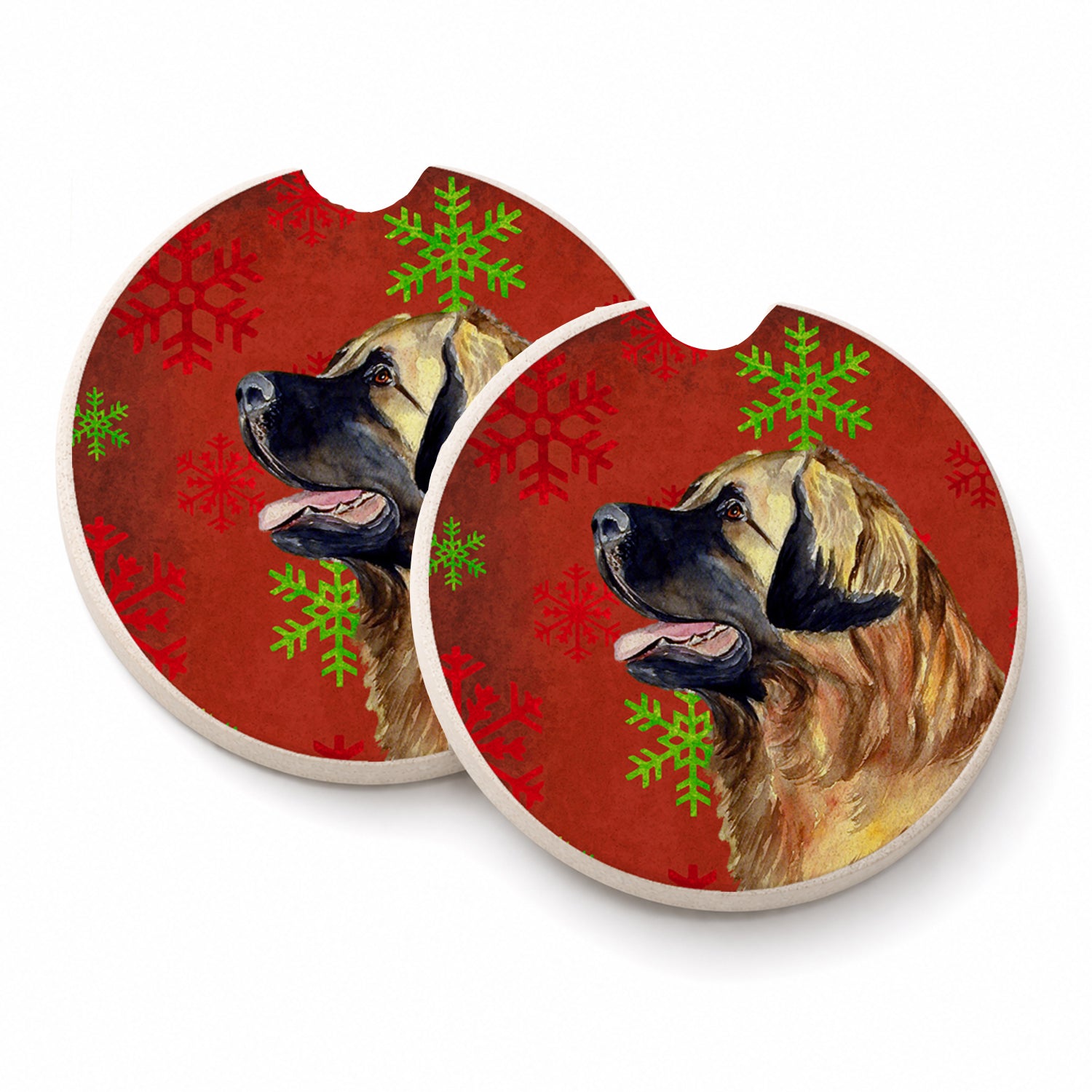 Leonberger Red and Green Snowflakes Holiday Christmas Set of 2 Cup Holder Car Coasters Absorbent Round Sandstone Coasters Gifts for Men or Women, 2.5, Multicolor