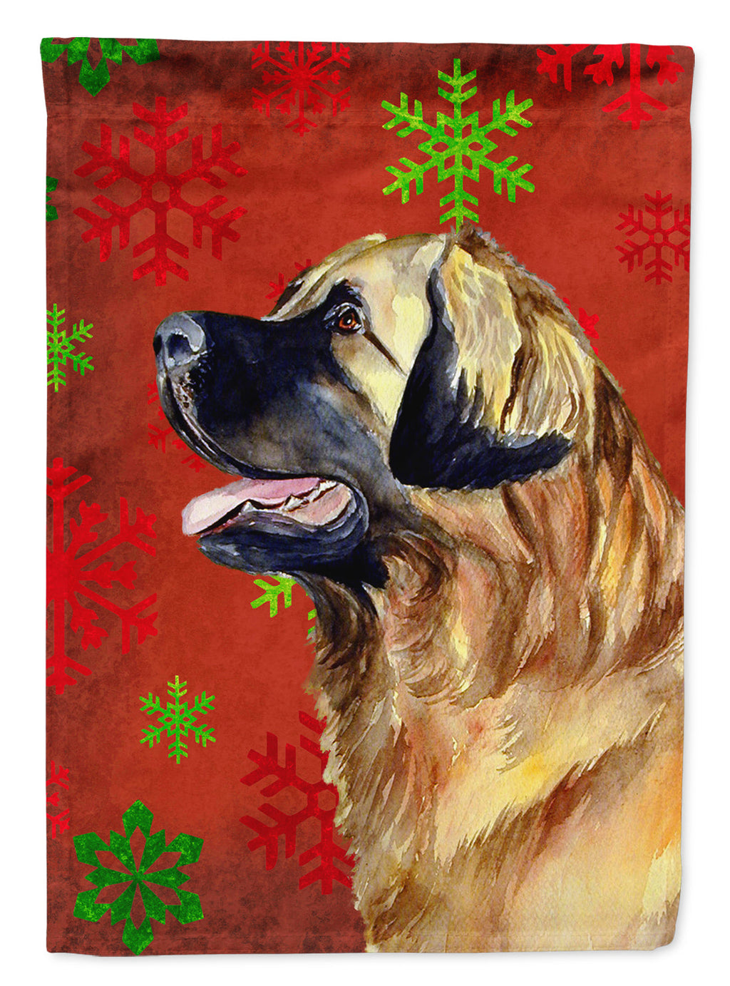 Leonberger Red and Green Snowflakes Holiday Christmas House Flag 28x40 Porch Sleeve Pole Decorative Outside Yard Banner Artwork Wall Hanging, Polyester