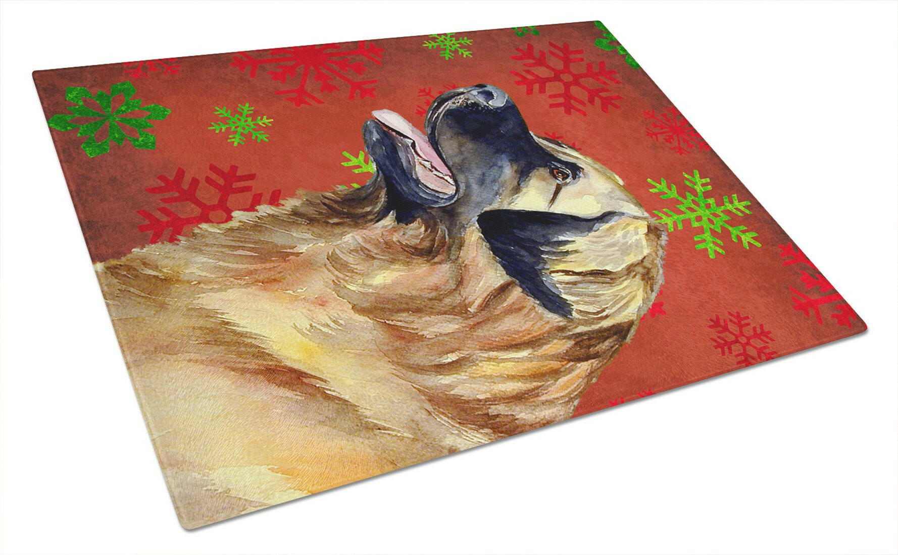 Leonberger Red and Green Snowflakes Holiday Christmas Cutting Board Tempered Glass Kitchen Cutting Surface, Heat Resistant Chopping, Non-Slip Feet, Food Prep & Serving