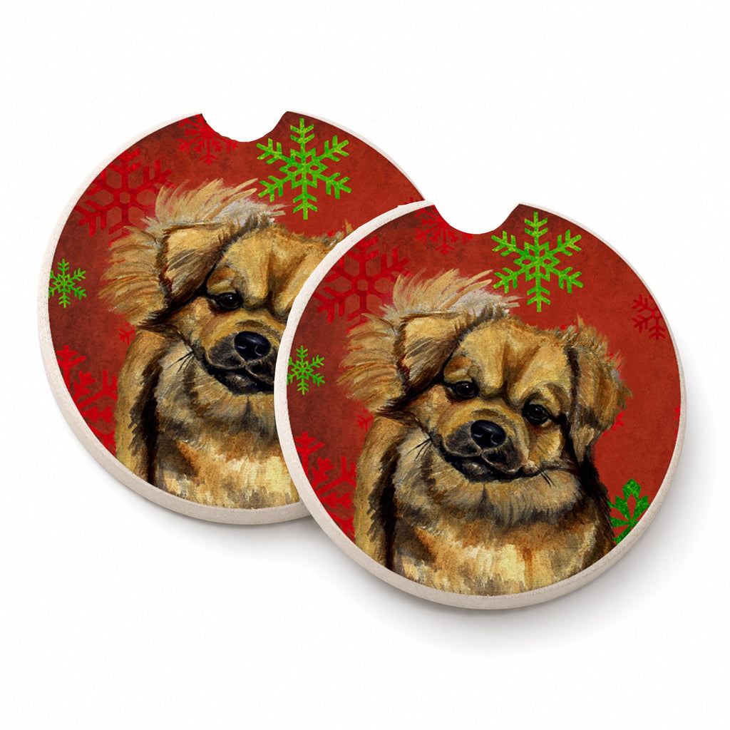 Tibetan Spaniel Red Green Snowflake Holiday Christmas Set of 2 Cup Holder Car Coasters Absorbent Round Sandstone Coasters Gifts for Men or Women, 2.5, Multicolor