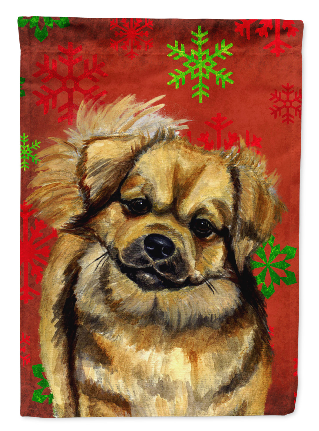 Tibetan Spaniel Red Green Snowflake Holiday Christmas House Flag 28x40 Porch Sleeve Pole Decorative Outside Yard Banner Artwork Wall Hanging, Polyester
