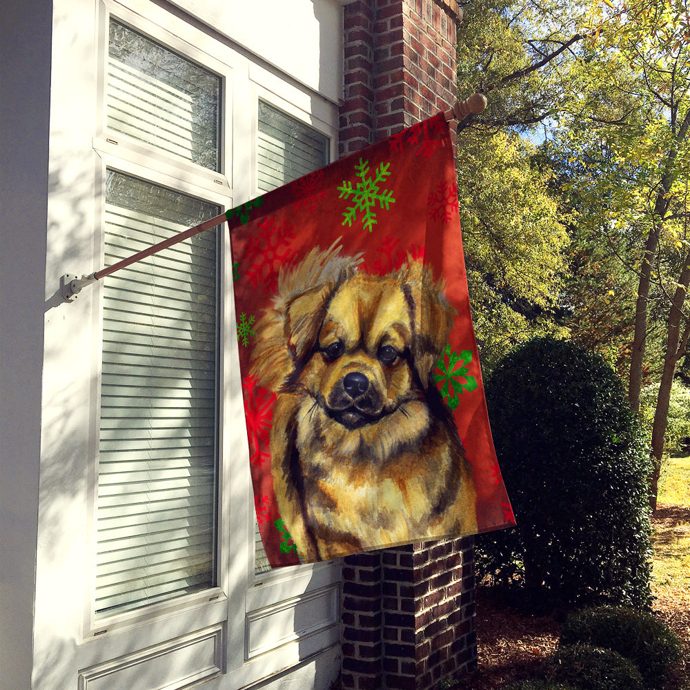 Tibetan Spaniel Red Green Snowflake Holiday Christmas House Flag 28x40 Porch Sleeve Pole Decorative Outside Yard Banner Artwork Wall Hanging, Polyester