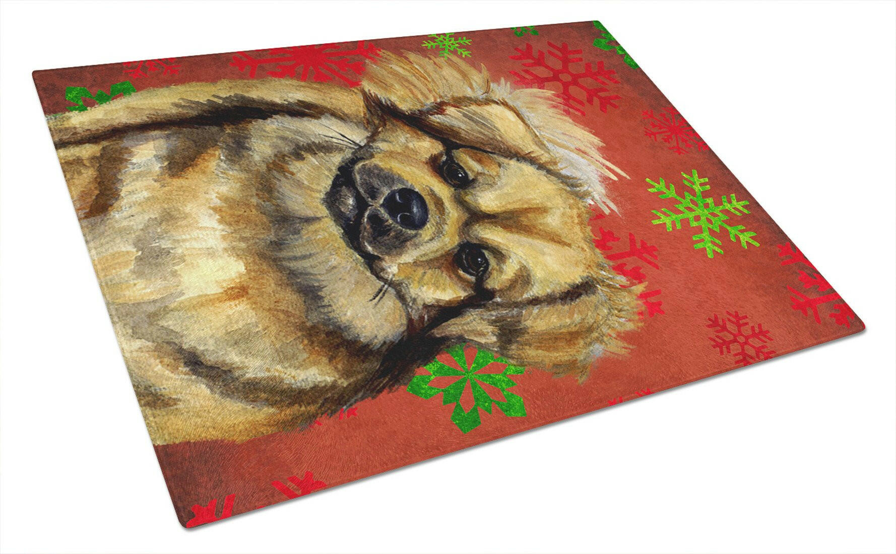 Tibetan Spaniel Red Green Snowflake Holiday Christmas Cutting Board Tempered Glass Kitchen Cutting Surface, Heat Resistant Chopping, Non-Slip Feet, Food Prep & Serving