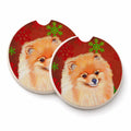 Pomeranian Red and Green Snowflakes Holiday Christmas Set of 2 Cup Holder Car Coasters Absorbent Round Sandstone Coasters Gifts for Men or Women, 2.5, Multicolor