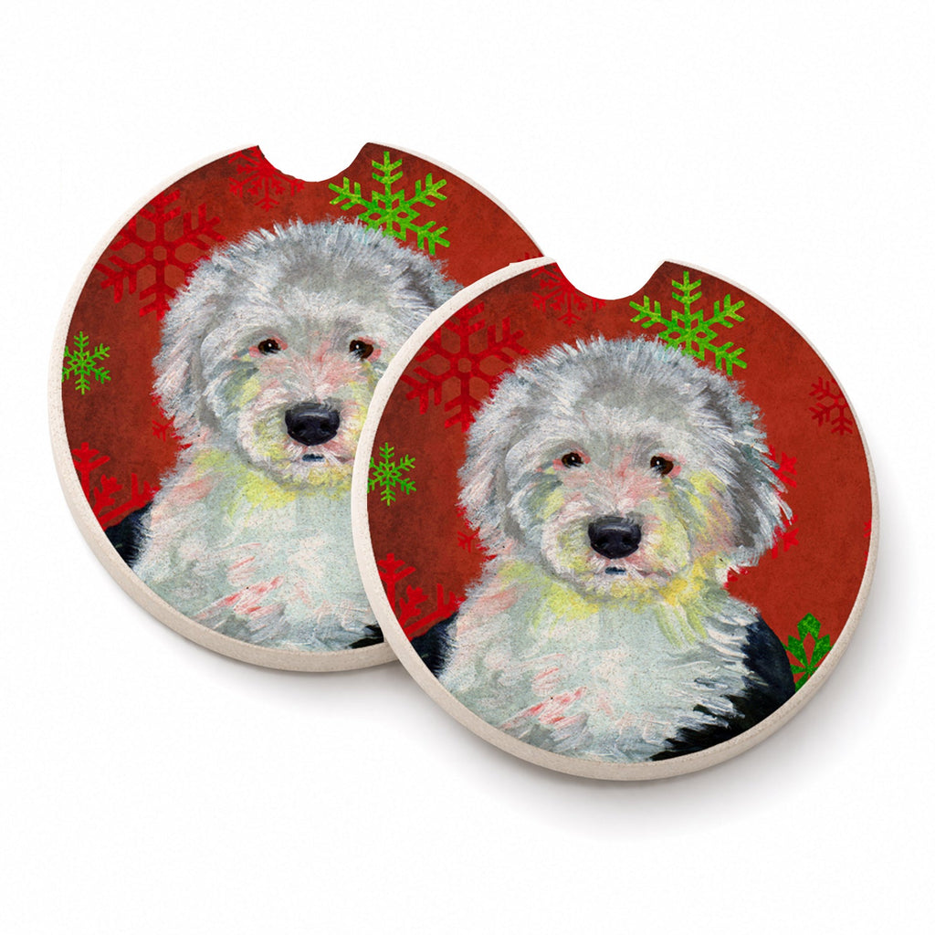 Old English Sheepdog Red  Green Snowflakes Holiday Christmas Set of 2 Cup Holder Car Coasters Absorbent Round Sandstone Coasters Gifts for Men or Women, 2.5, Multicolor