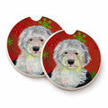 Old English Sheepdog Red  Green Snowflakes Holiday Christmas Set of 2 Cup Holder Car Coasters Absorbent Round Sandstone Coasters Gifts for Men or Women, 2.5, Multicolor